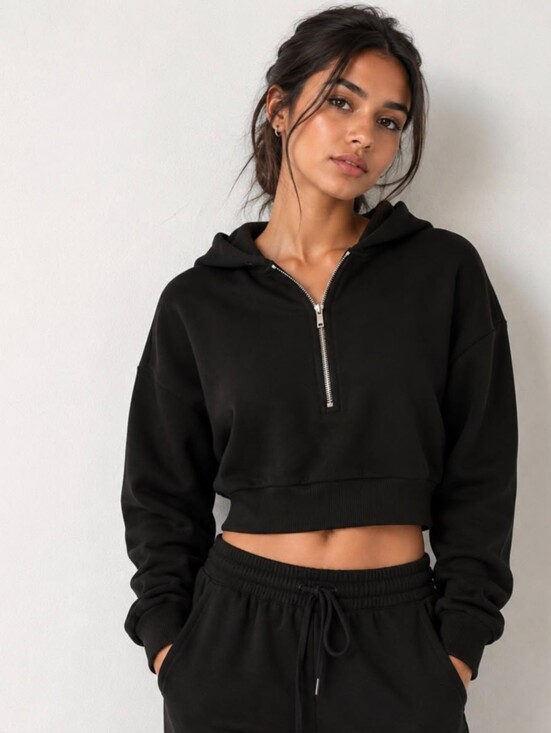 WeWoreWhat Tops - WeWoreWhat Black Cropped Half-Zip Hoodie Top